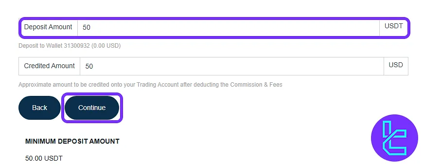 Entering Traders Trust ERC20 top-up amount