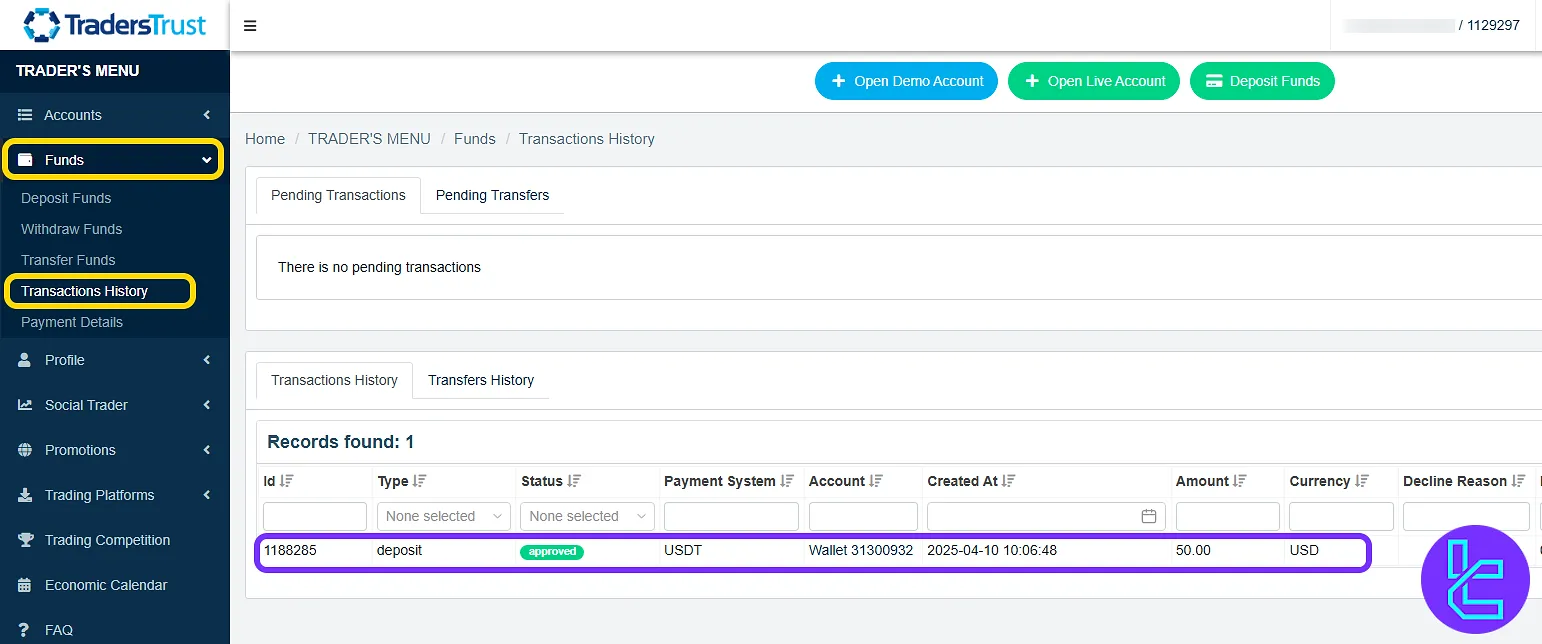 checking ERC20 payment status in the Traders Trust dashboard