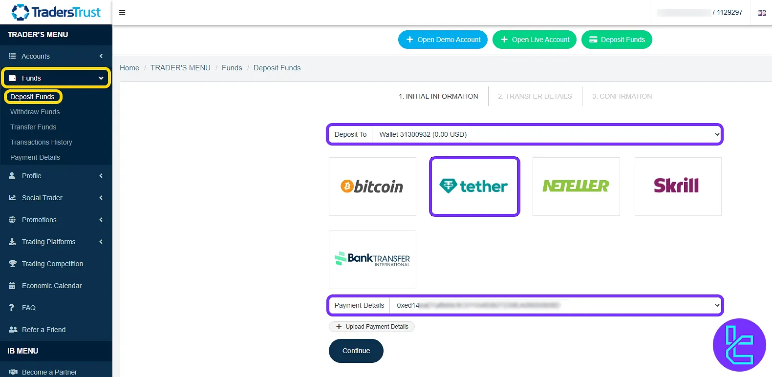 Selecting the Traders Trust ERC20 funding method