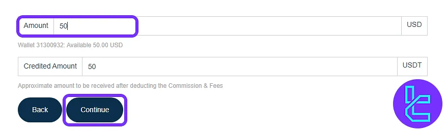 Traders Trust ERC20 payout form showing amount entry and notice about fees
