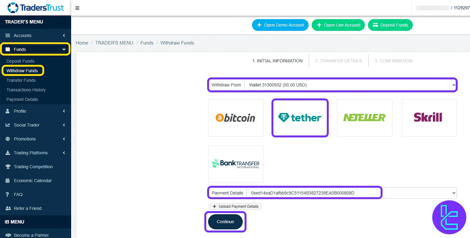 Select the Traders Trust ERC20 payout option and access the fund request pag