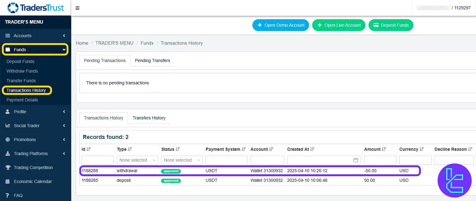 ERC20 payout transaction status page in the Traders Trust user dashboard