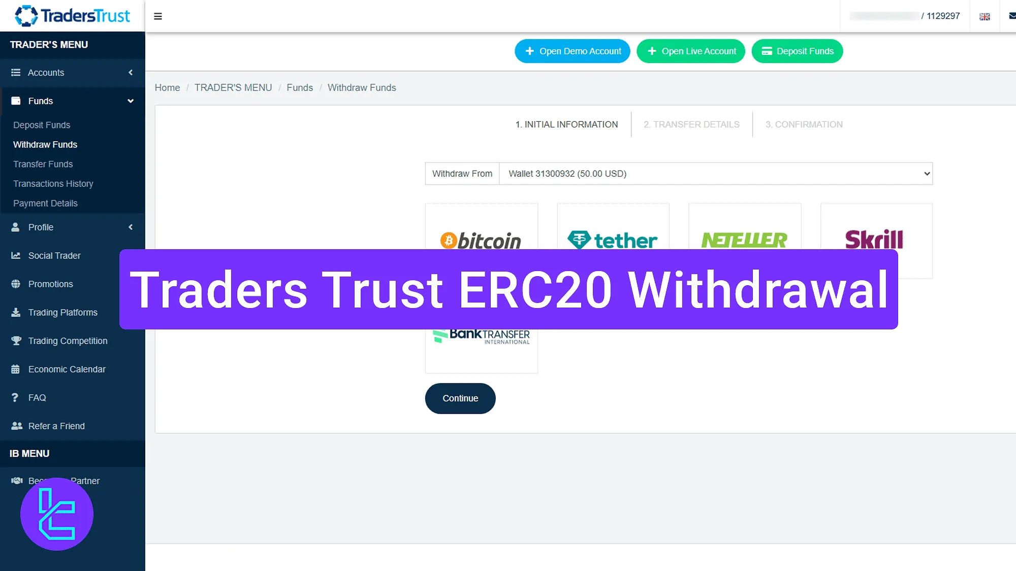 Traders Trust Tether ERC20 fund release process in the platform