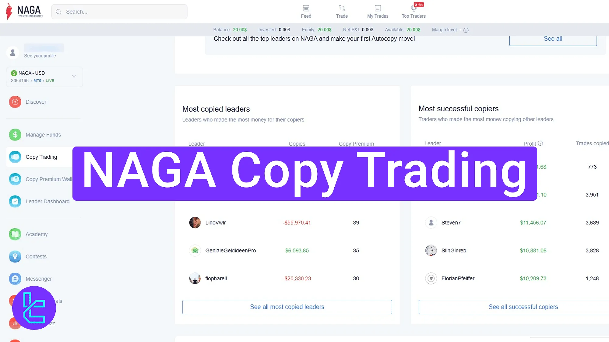 Social trade overview page in the NAGA dashboard