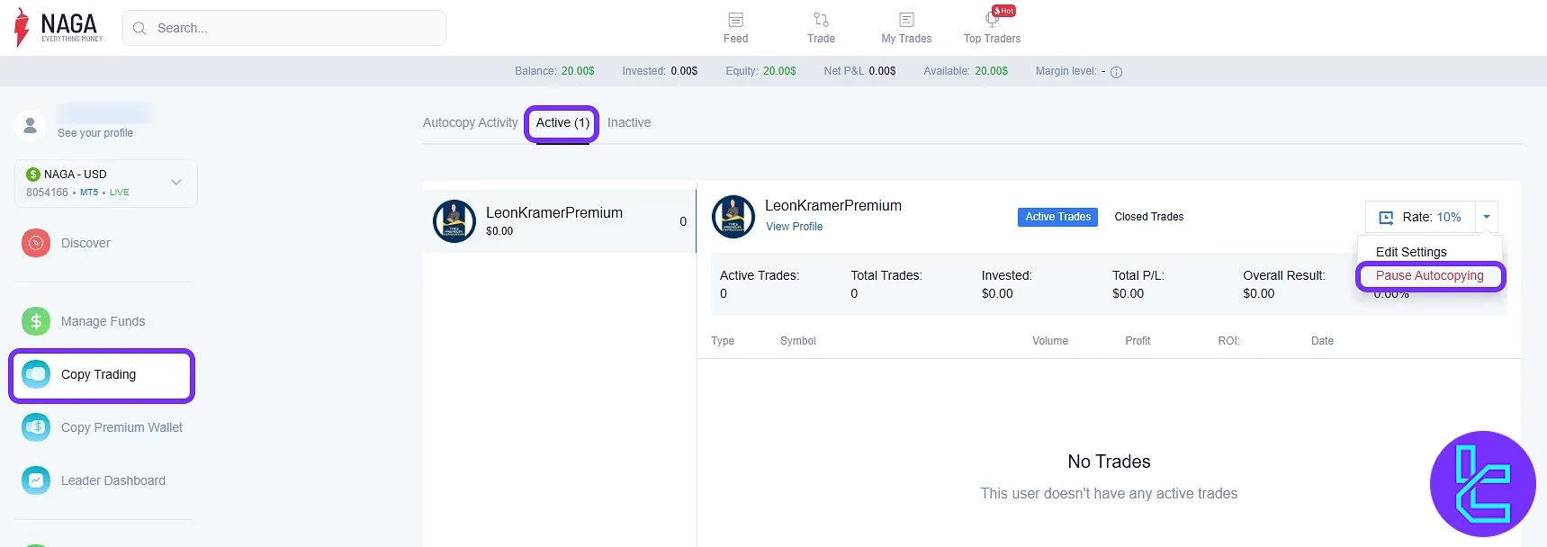 Pause copying trades in the NAGA copy management section