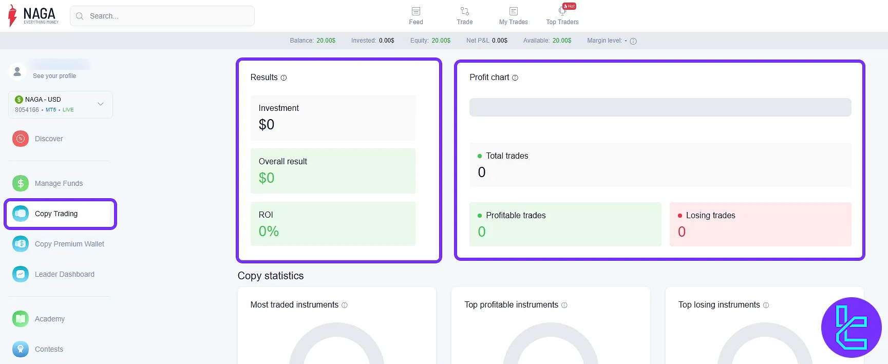 Monitor active social trades and ROI breakdown in the NAGA dashboard