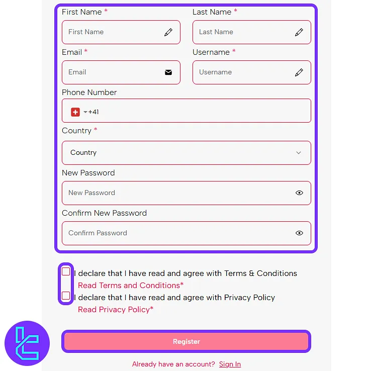 Fuze Traders account creation form filled with user and contact details