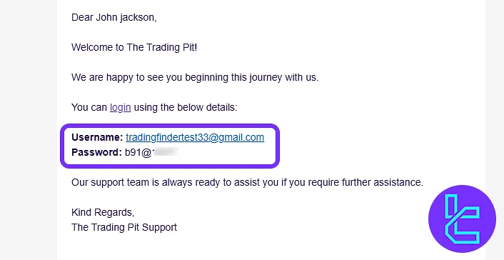 Email confirmation and login credentials from The Trading Pit during the account creation process