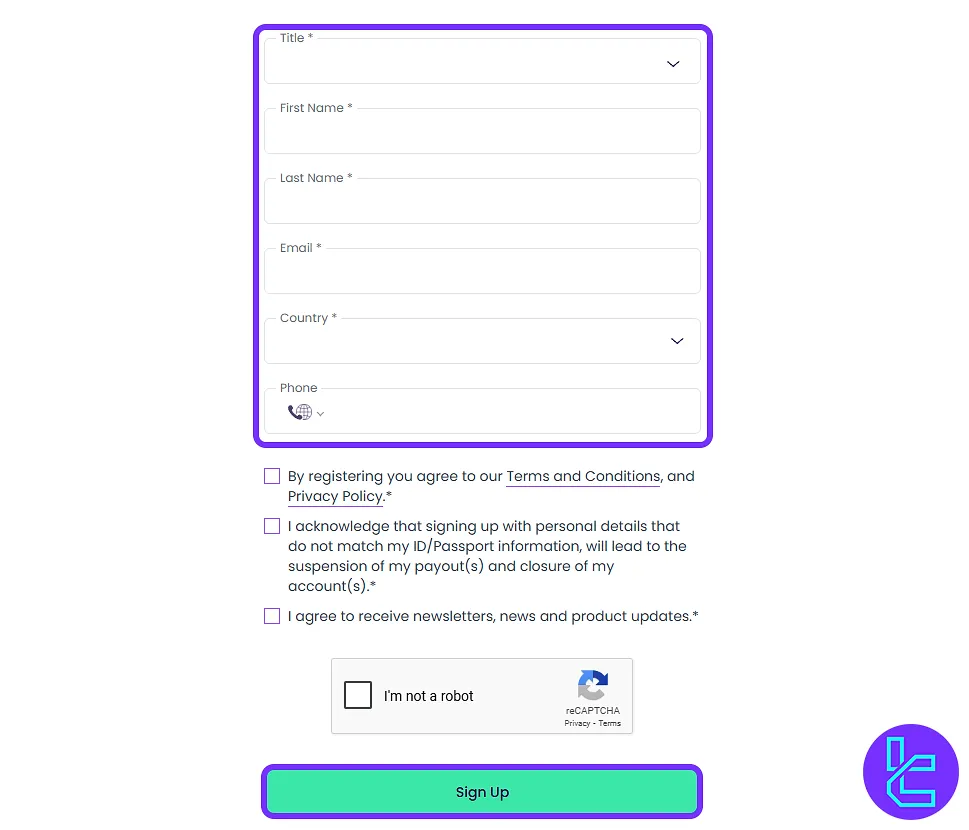 The Trading Pit sign-up form filled with personal information