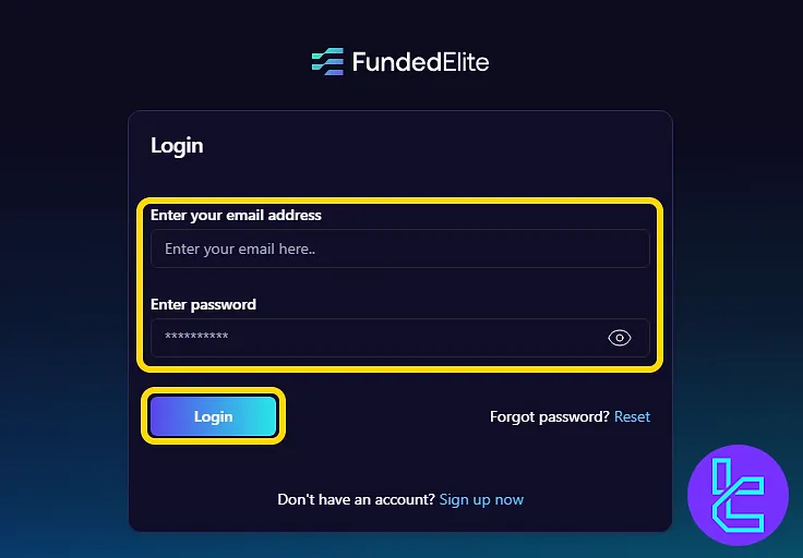 FundedElite login page to access the dashboard after account setup
