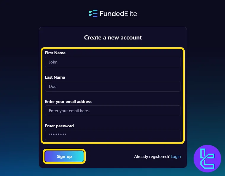 FundedElite sign-up form with personal details and password creation