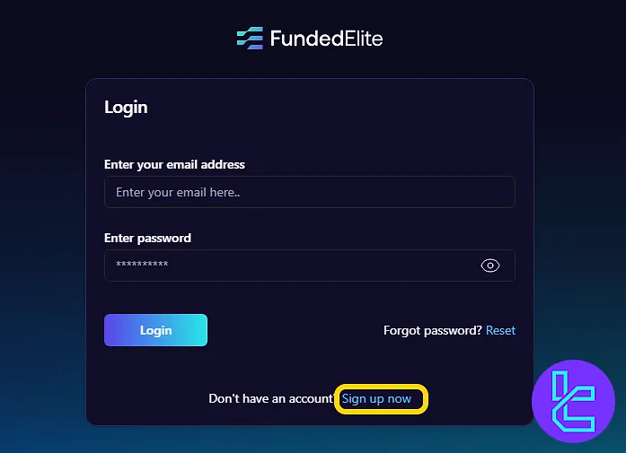 FundedElite login page showing the "Sign Up Now" option