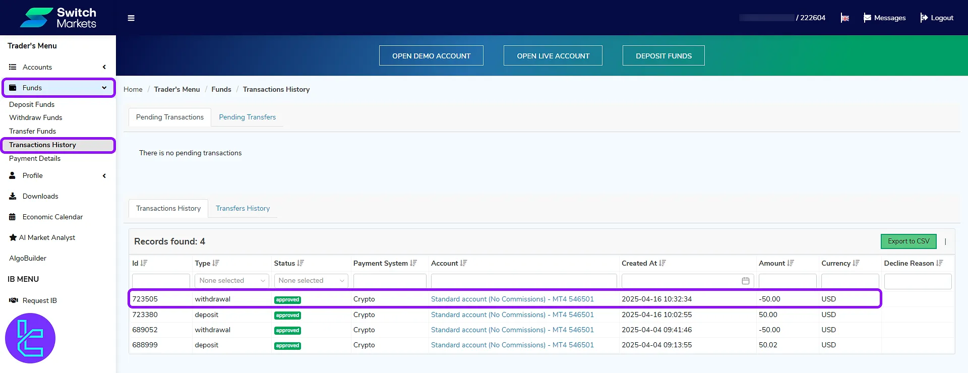 View the Switch Markets ERC20 payout record in the dashboard