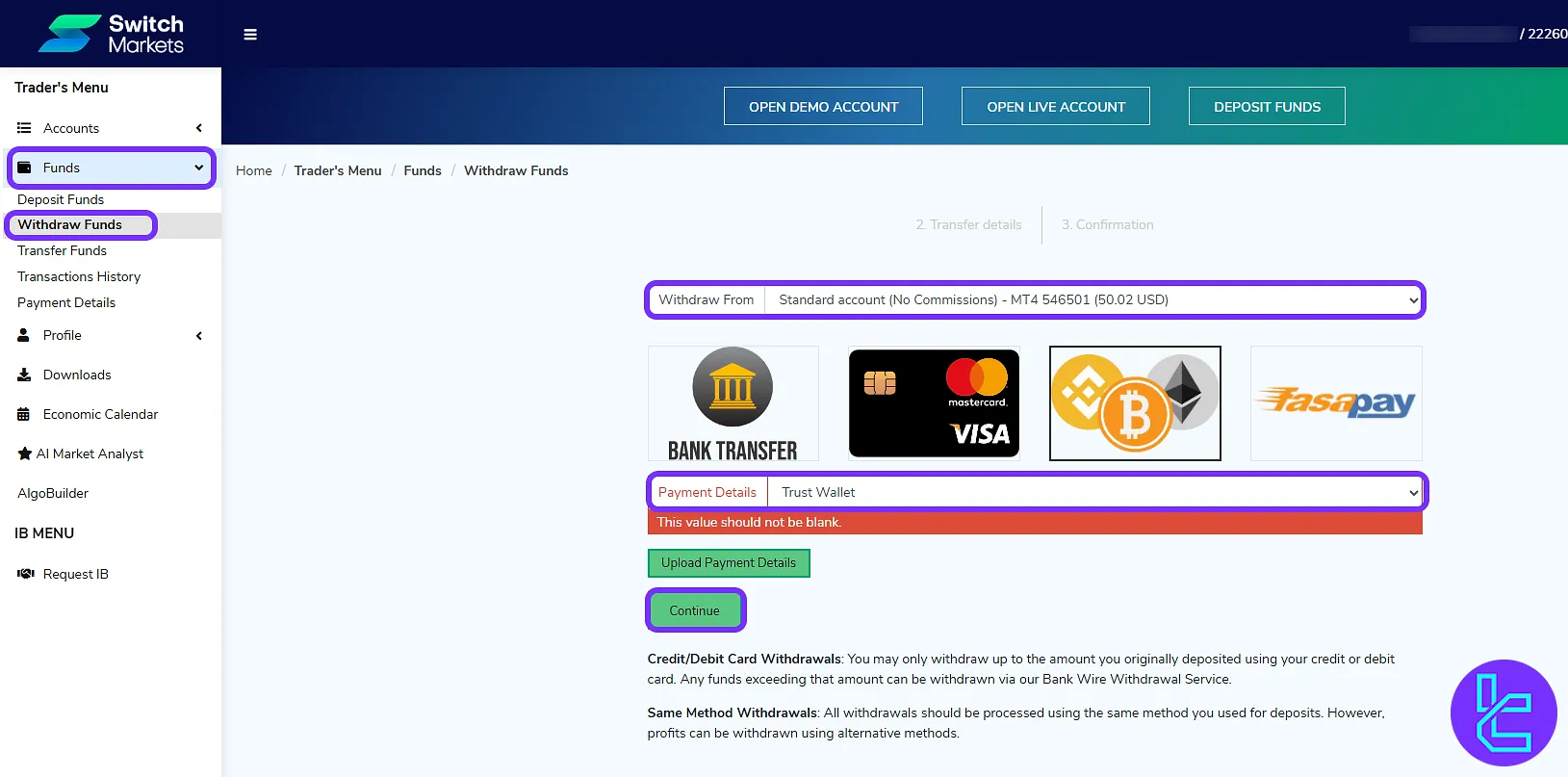 Access the crypto (ERC20) payout page in the Switch Markets panel