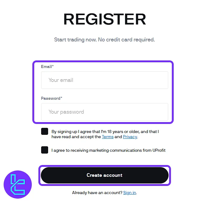 Entering email and setting a password on the UProfit sign-up form
