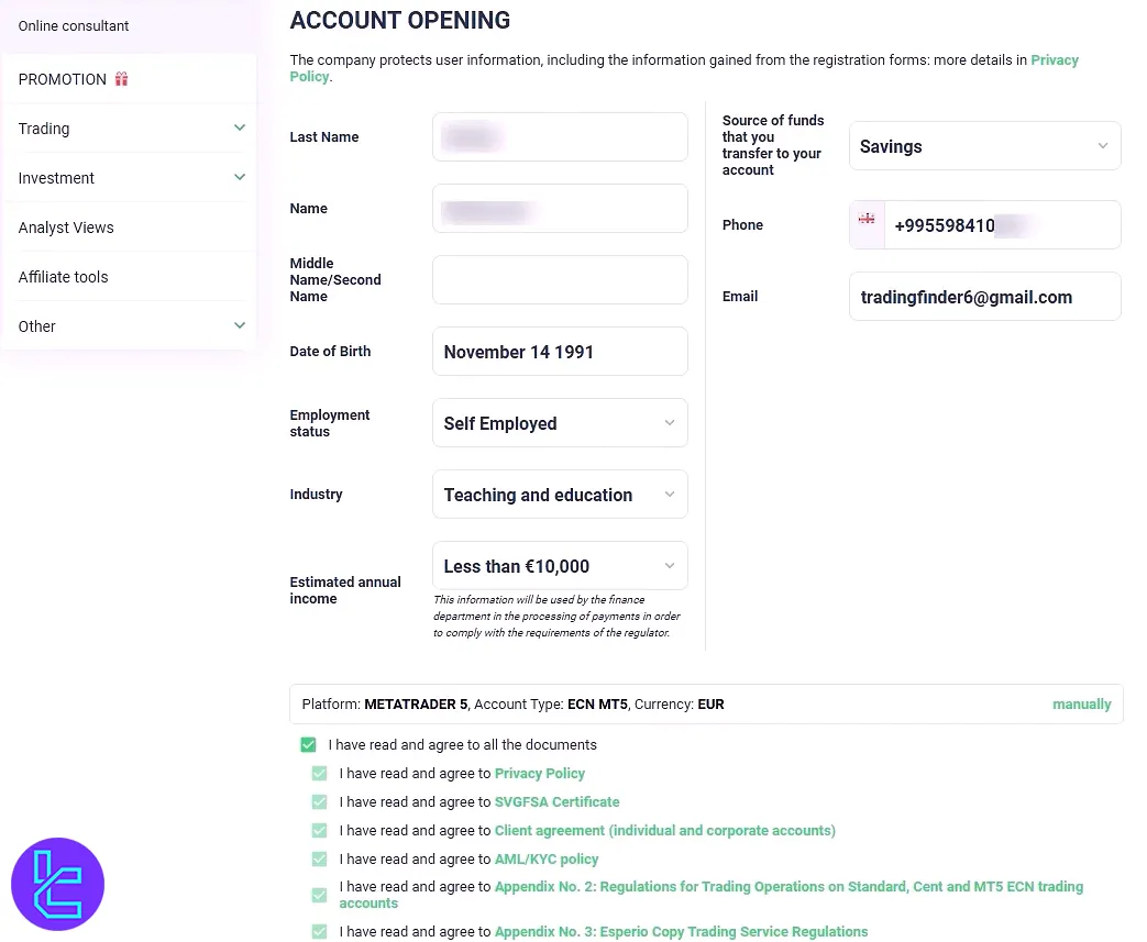Final KYC form on Esperio