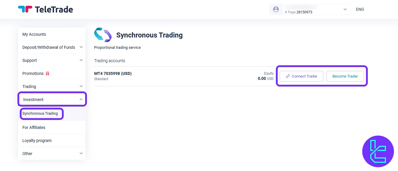 TeleTrade trading cabin "Investment" and "Synchronous Trading" features