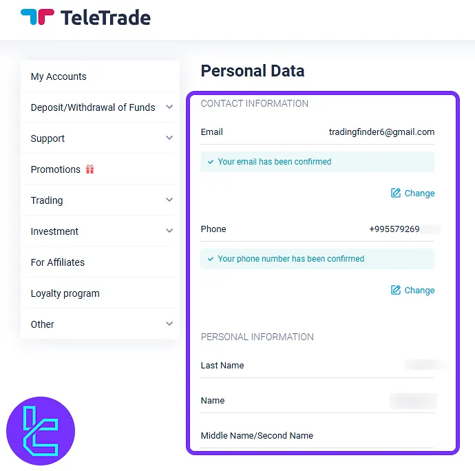 TeleTrade panel personal information management section