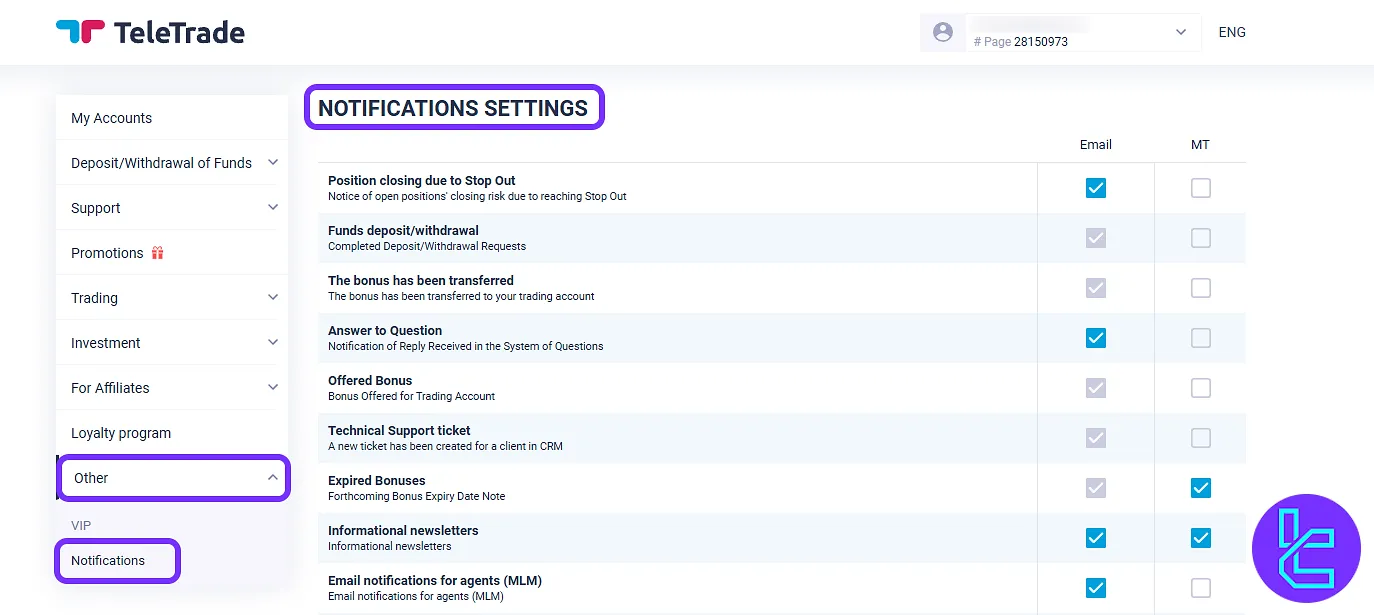 TeleTrade trading cabin notification settings page