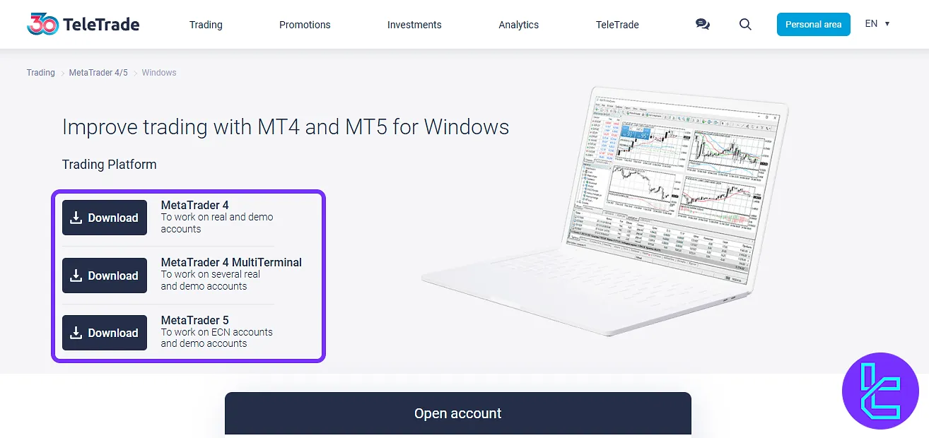 TeleTrade panel MetaTrader platform download options