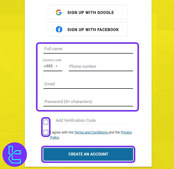 A3Trading sign-up form for creating an account manually