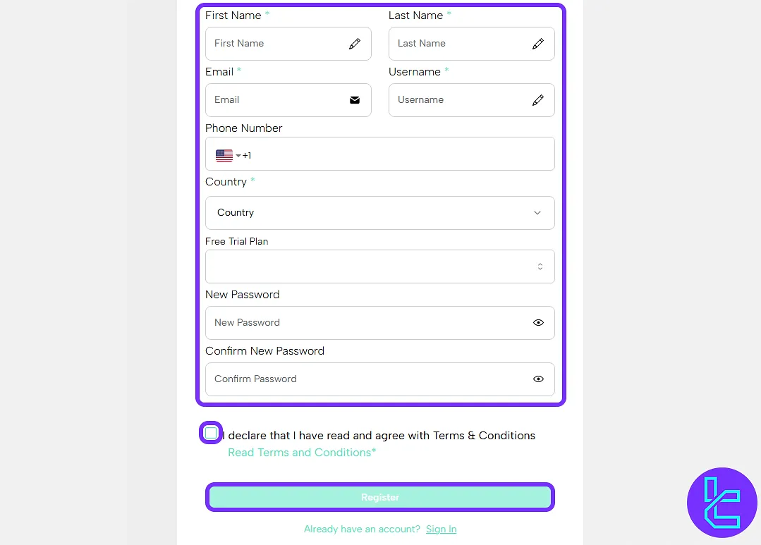 Nordic Funder sign-up form with user details and password