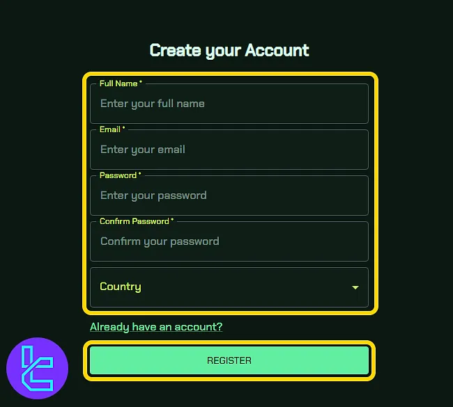 Funding Frontier account setup form with personal details and password