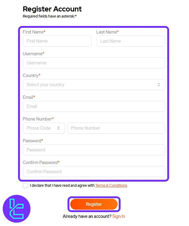 Sieg Fund sign-up form with user information and password fields