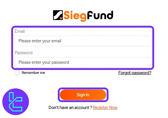 Sieg Fund login page with email and password input to access the newly created account