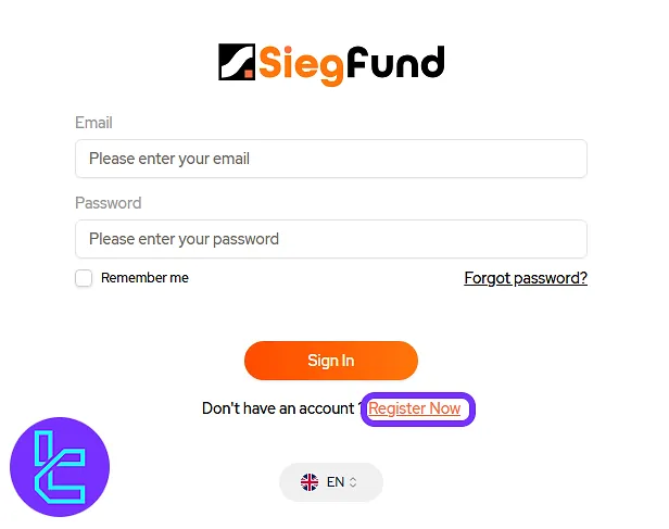 Sieg Fund login screen with the "Register Now" button