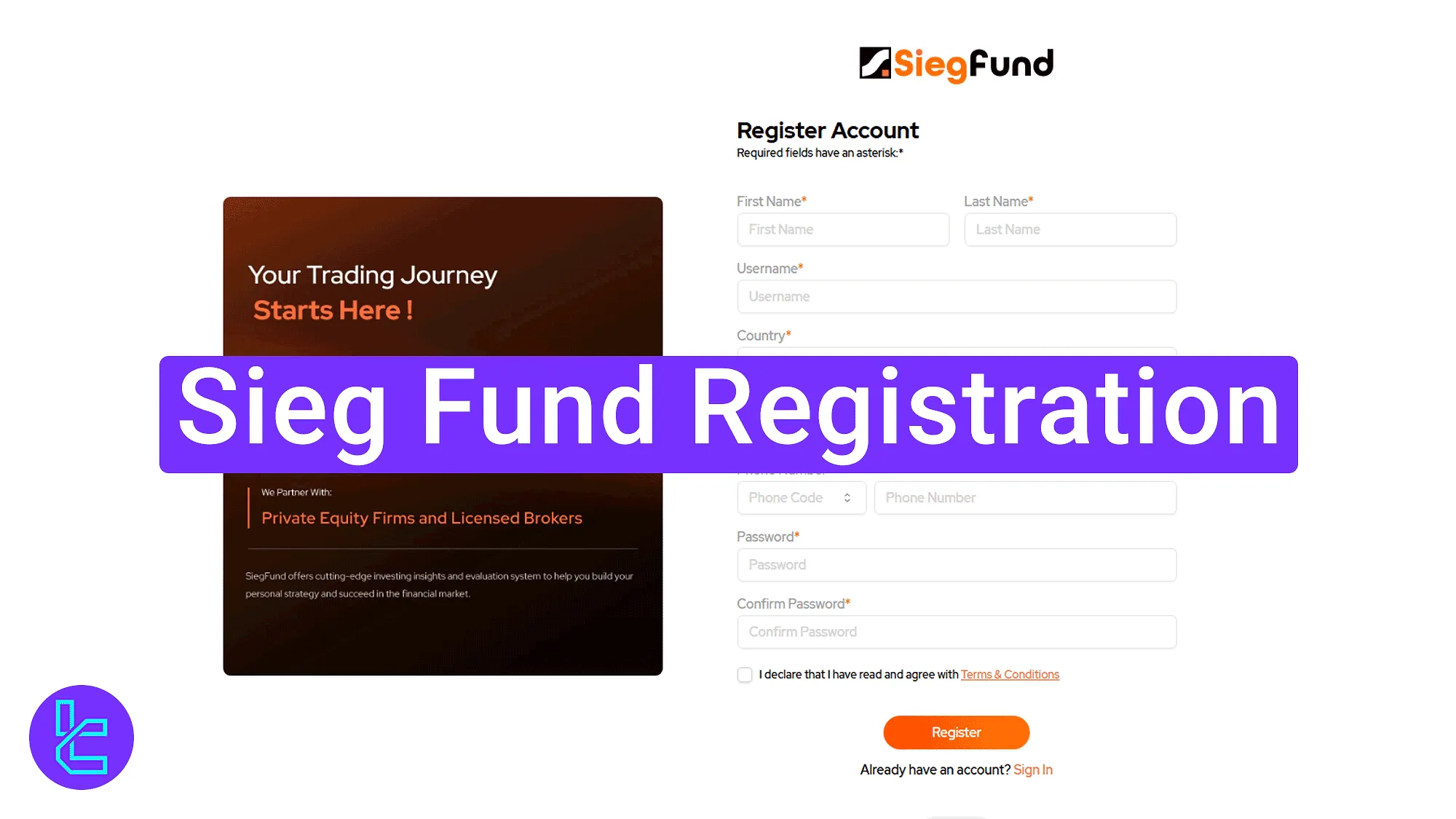 Step-by-step sign-up process in the Sieg Fund prop firm