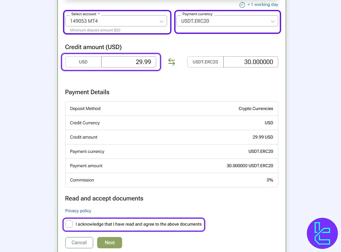 Input USDT amount and confirm for IFC Markets ERC20 top-up