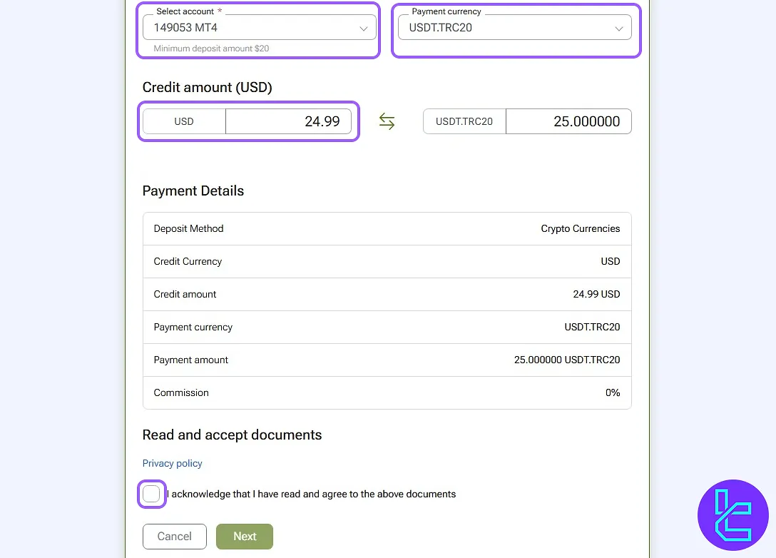 Entering pay in amount for IFC Markets TRC20 USDT transaction