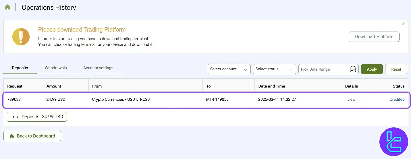 Monitor your IFC Markets TRC20 pay in status