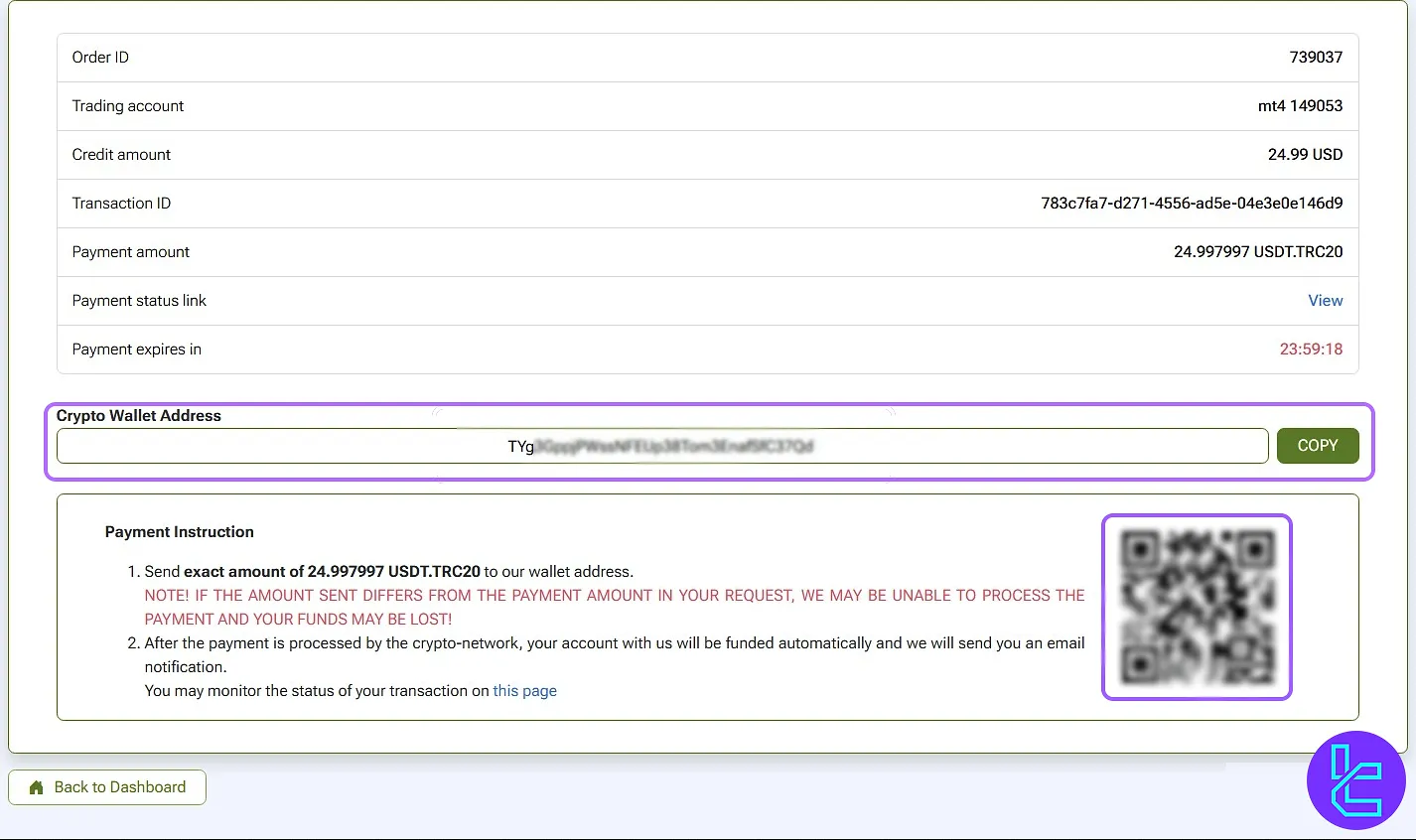 Receiving wallet address and amount on IFC Markets TRC20 recharge