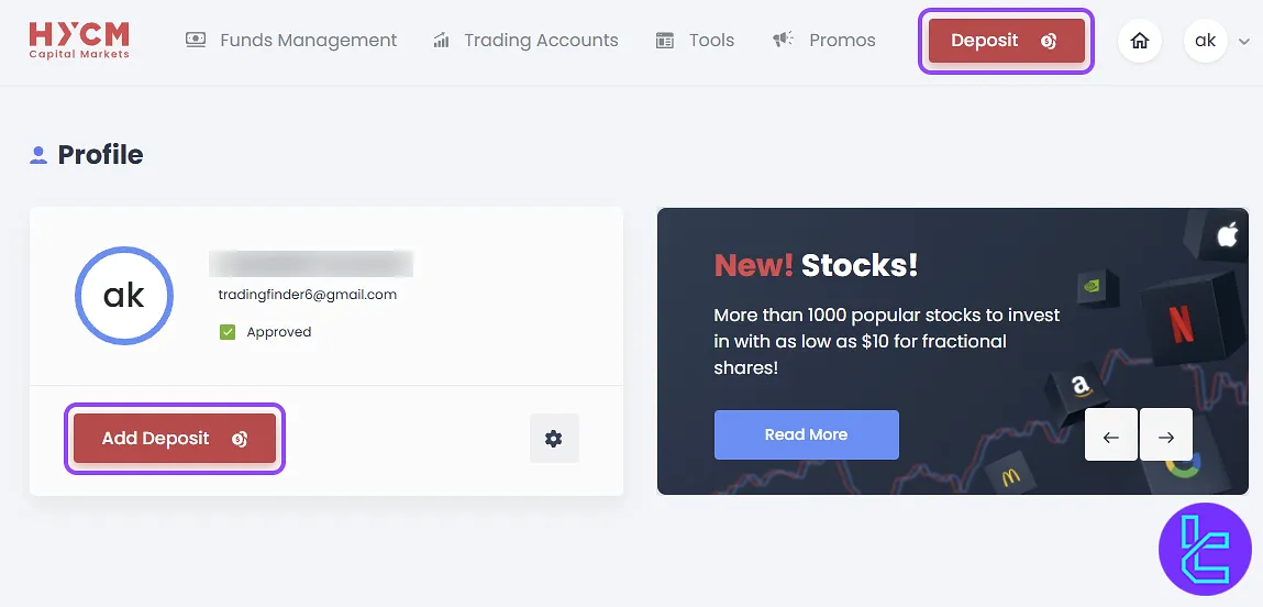 HYCM ERC20 pay in the dashboard with the amount and bonus