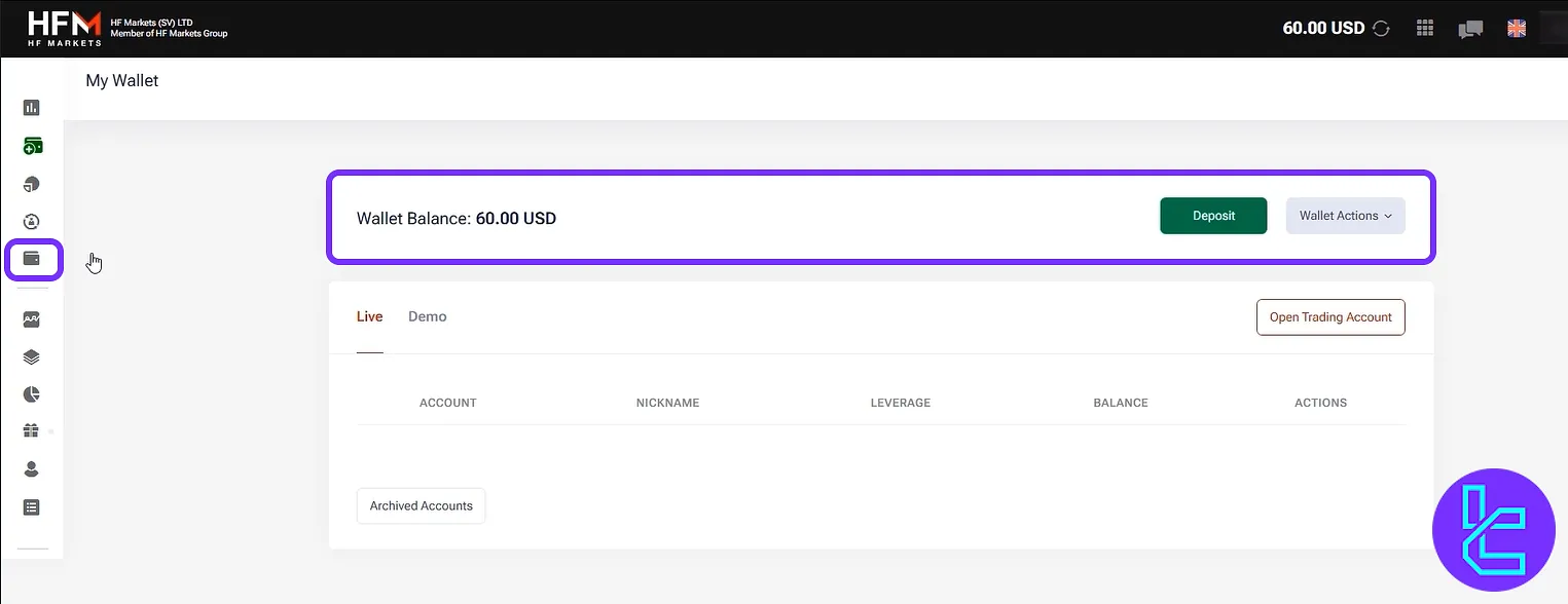 HF Markets interface with full access to your wallet options