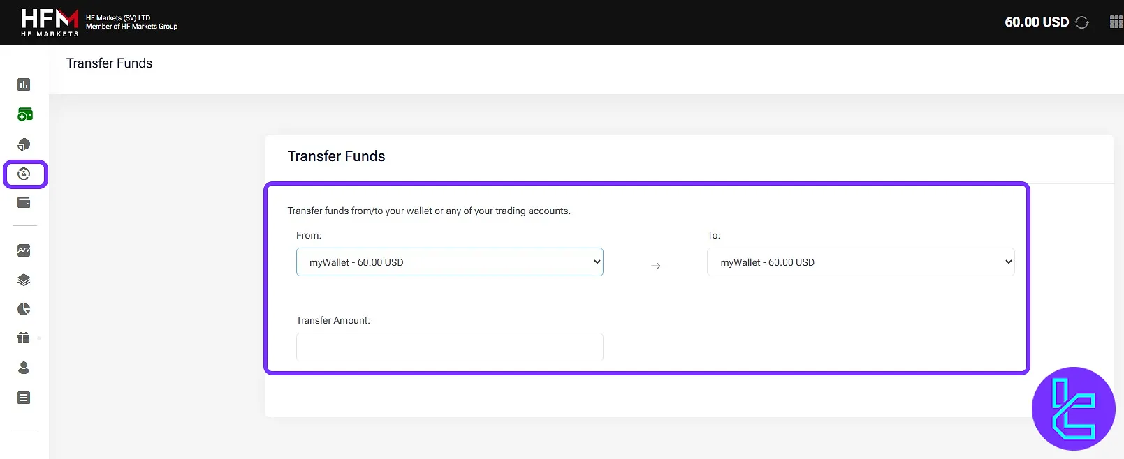 Internal transfer options between your wallet and trading accounts in the HFM user’s area