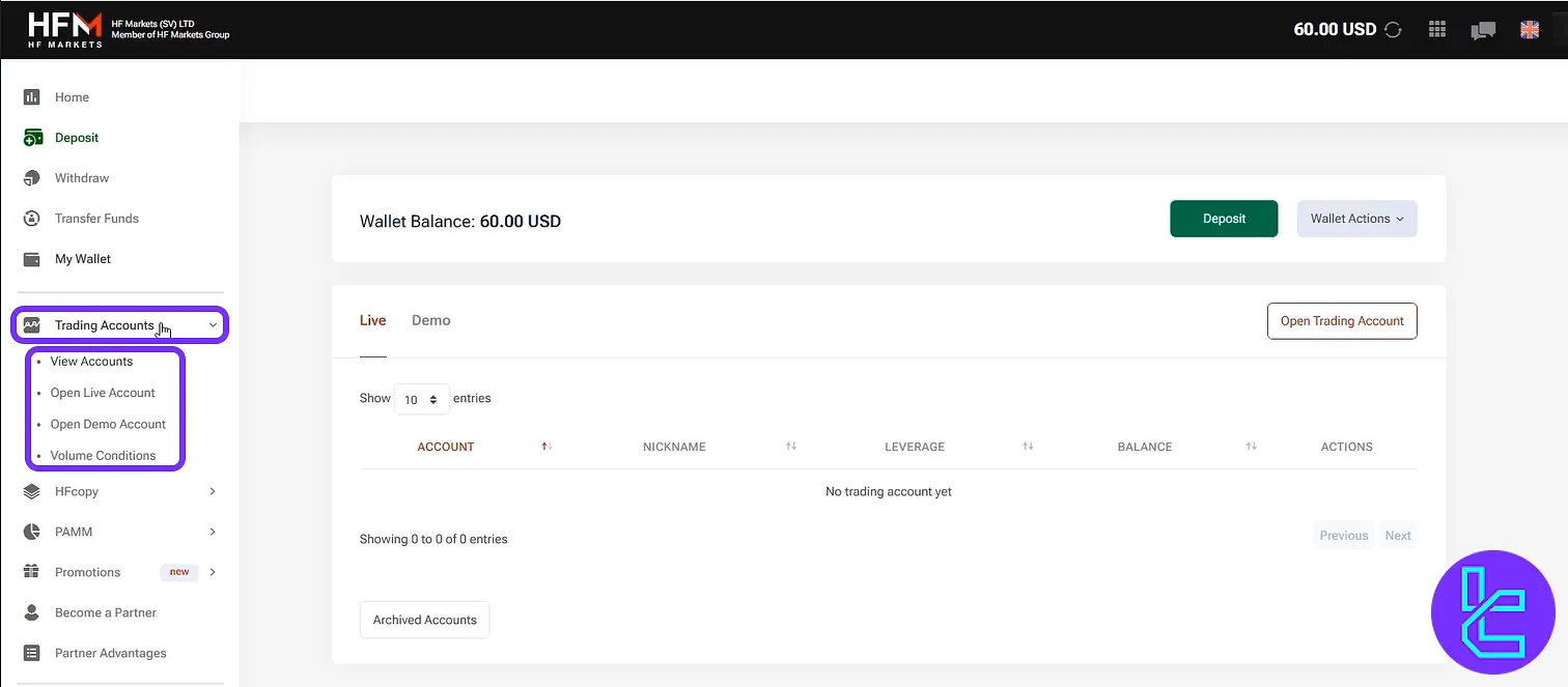 Trading account settings and account type creation on the HFM users’ area