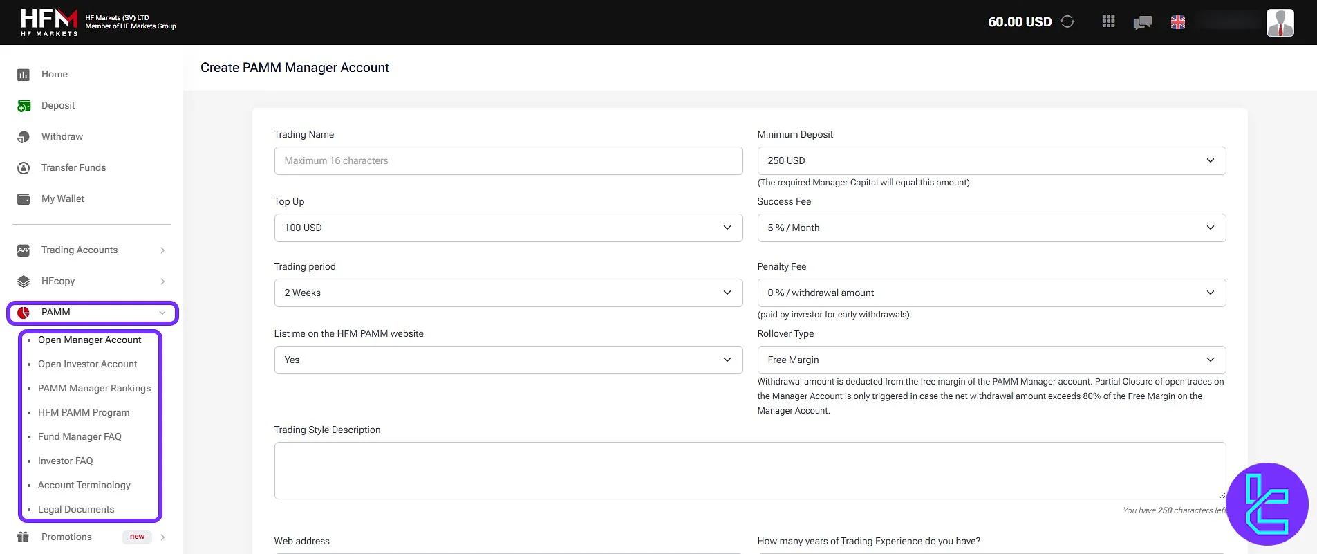 HF Markets interface with full access to investment options on PAMM accounts