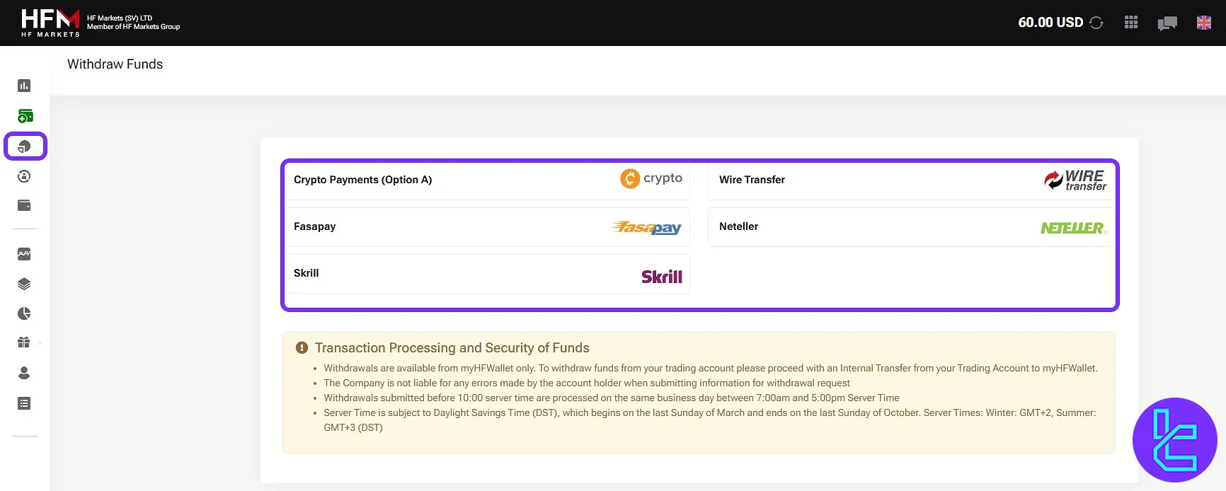 Crypto and e-wallet withdrawal methods in the HFM Markets panel