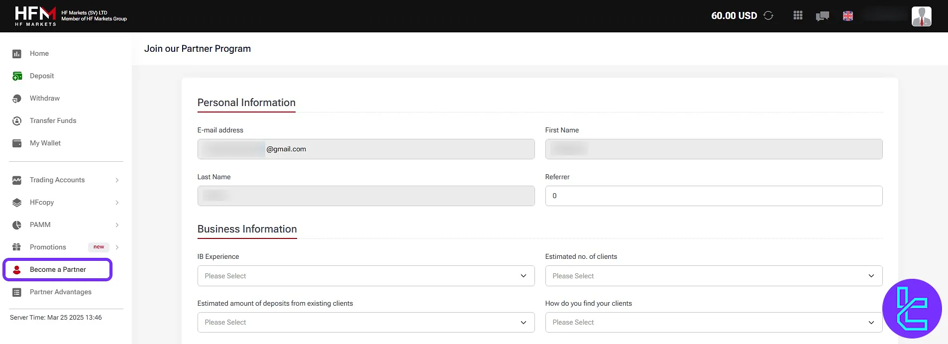 Affiliate partner program registration form in the HFM panel