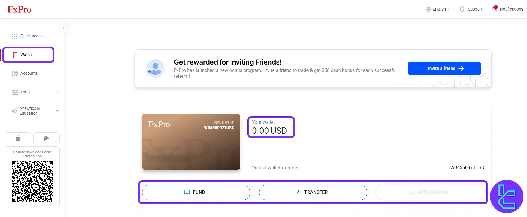 FxPro wallet with funding and transfer options displayed in the user’s panel