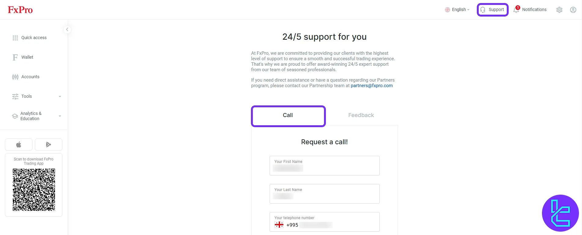 Requesting 24/5 customer support call through the FxPro trading cabin