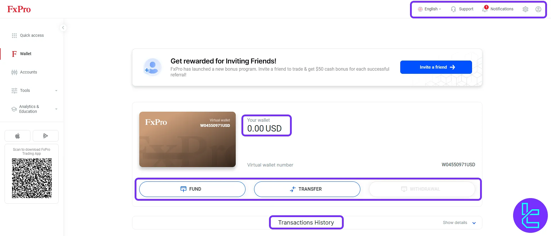 FxPro home dashboard with user profile and quick shortcuts