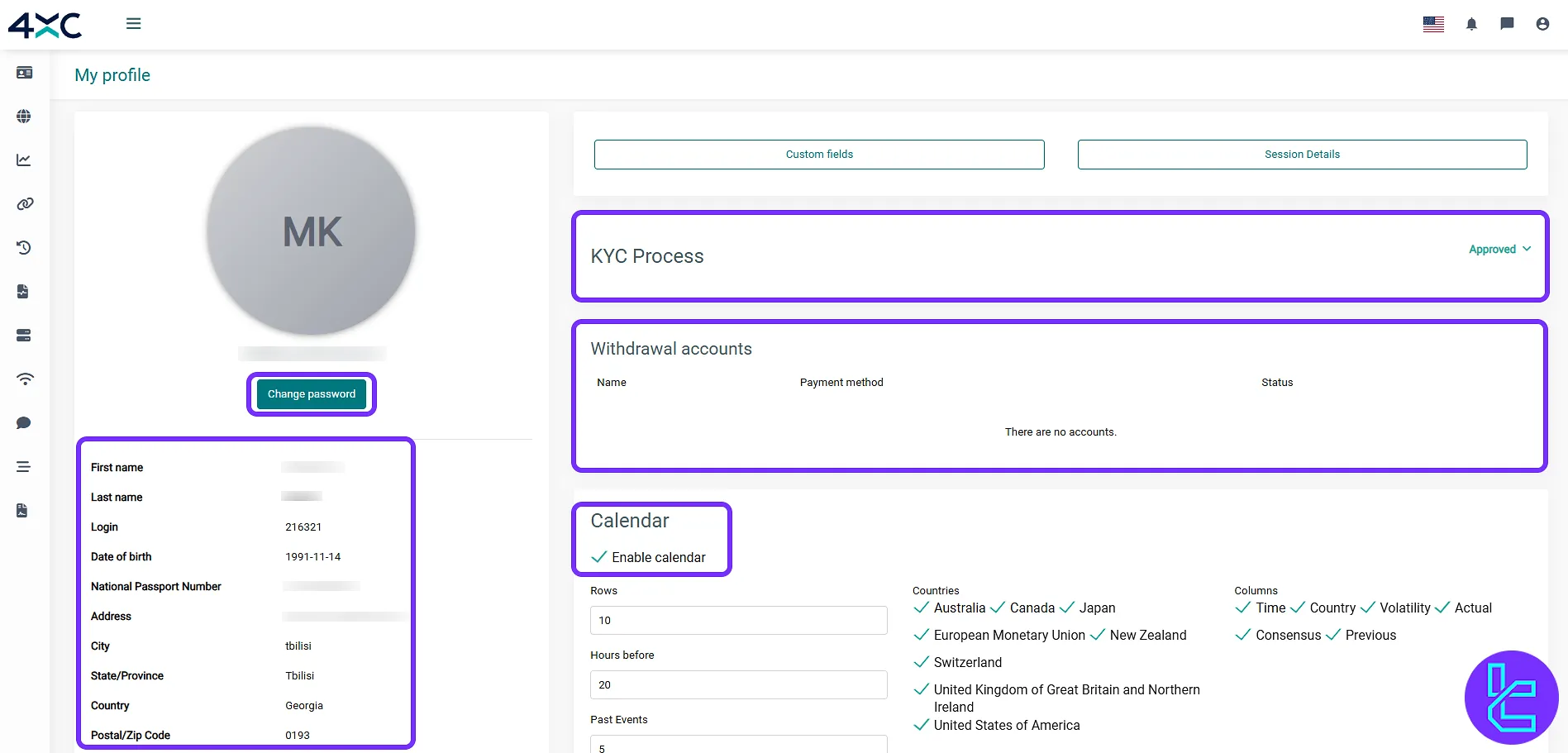 4XC panel My Profile settings including the KYC and the calendar setup