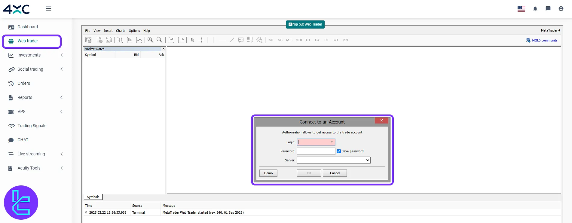 4XC Web Trader login screen in the dashboard