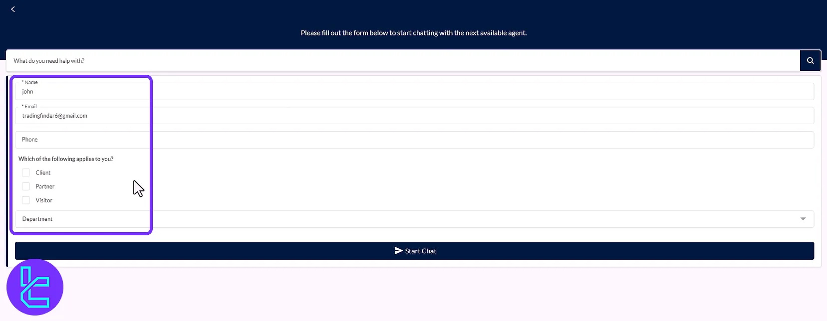 4XC chat support form for conversation starts in the trading cabin