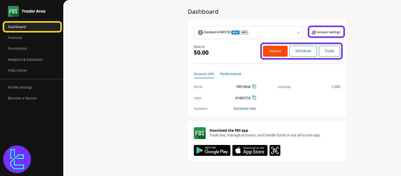 FBS client’s area with quick funding and trading options