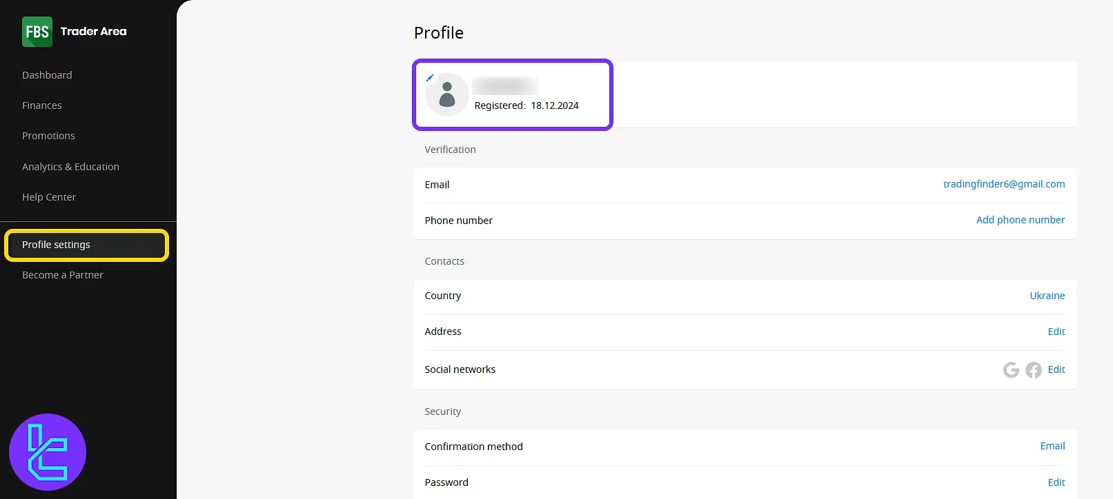 Profile setup interface with contact and verification details in the FBS client’s area